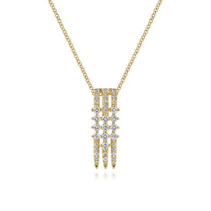 14K Yellow Gold Spike Multi Row Vertical Diamond Pendant Necklace