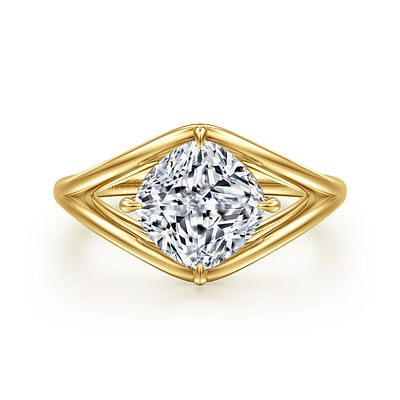 14K Yellow Gold Split Shank Compass Prong Cushion Cut Diamond Engagement Ring