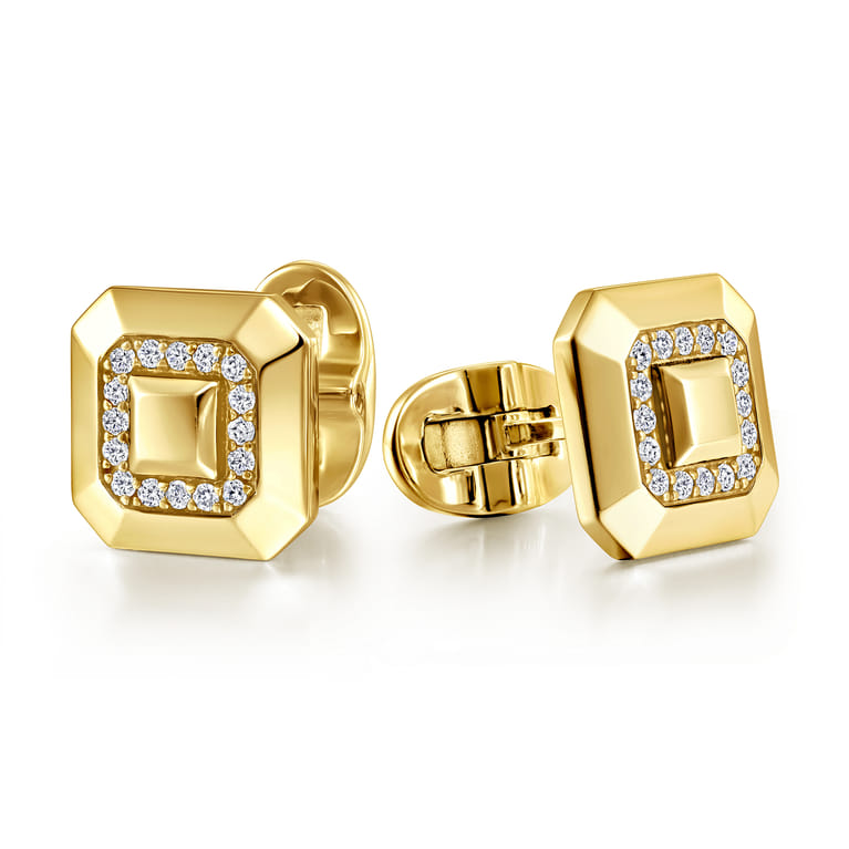 14K Yellow Gold Square Cufflinks with Diamond - 0.24 ct - Shot 1