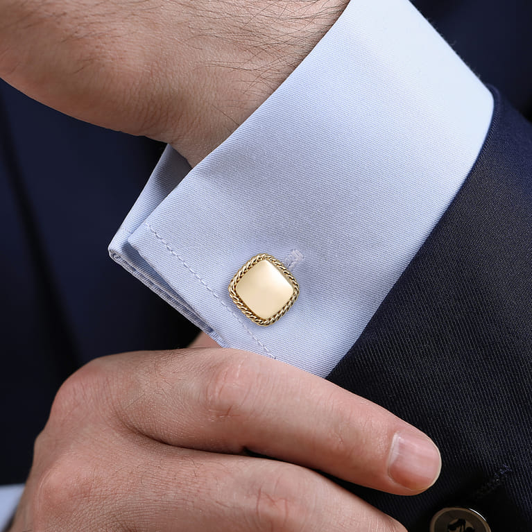 14K Yellow Gold Square Cufflinks with Twisted Rope Trim - Shot 2