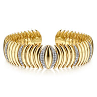 14K Yellow Gold Stacked Crescent Cuff Bracelet with Pave Diamond Stations