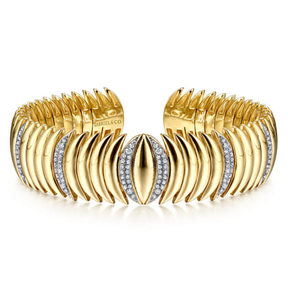 14K Yellow Gold Stacked Crescent Cuff Bracelet with Pave Diamond Stations