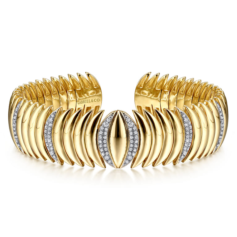 14K Yellow Gold Stacked Crescent Cuff Bracelet with Pave Diamond Stations - 0.7 ct - Shot 1