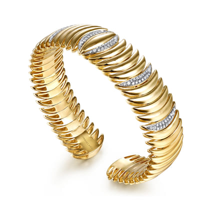 14K Yellow Gold Stacked Crescent Cuff Bracelet with Pave Diamond Stations