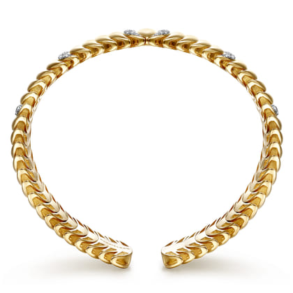 14K Yellow Gold Stacked Crescent Cuff Bracelet with Pave Diamond Stations
