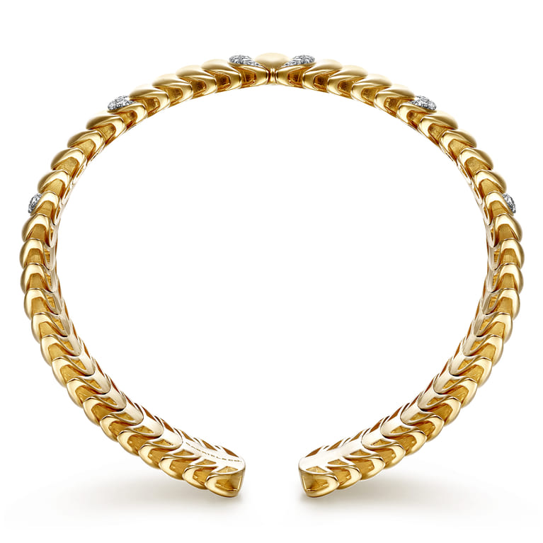 14K Yellow Gold Stacked Crescent Cuff Bracelet with Pave Diamond Stations - 0.7 ct - Shot 3