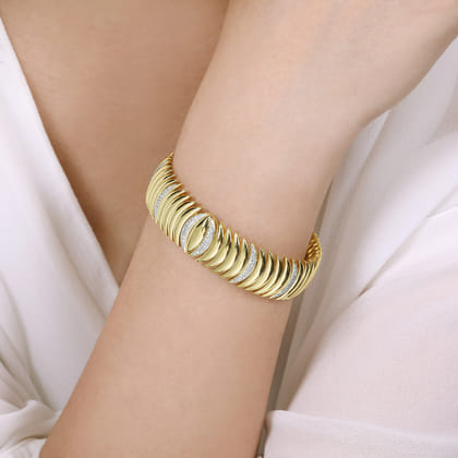 14K Yellow Gold Stacked Crescent Cuff Bracelet with Pave Diamond Stations