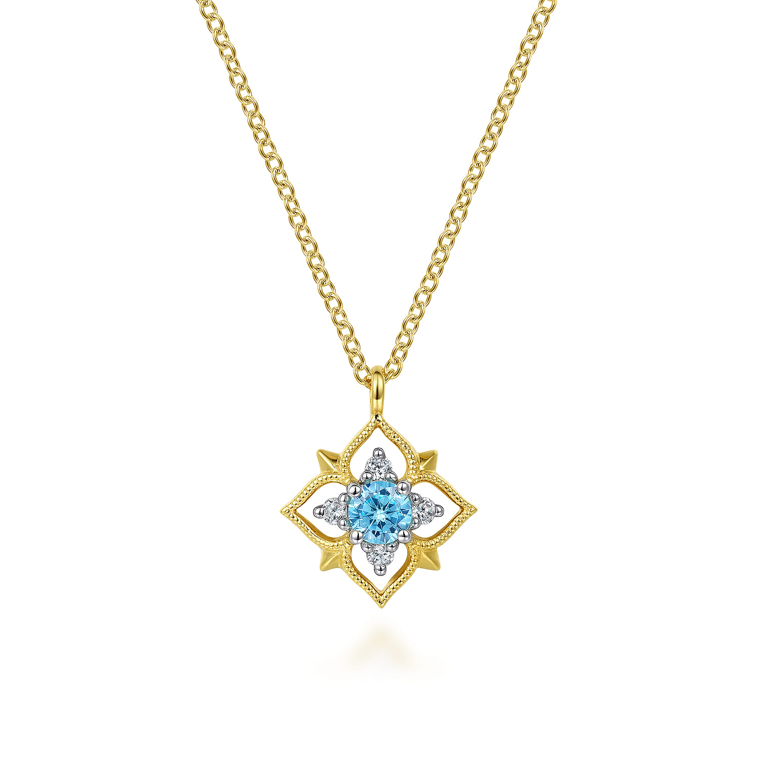 14K Yellow Gold Swiss Blue Topaz and Diamond Floral Pendant Necklace - 0.06 ct - Shot 1