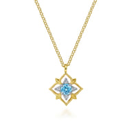 14K Yellow Gold Swiss Blue Topaz and Diamond Floral Pendant Necklace