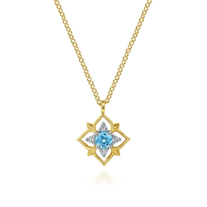 14K Yellow Gold Swiss Blue Topaz and Diamond Floral Pendant Necklace