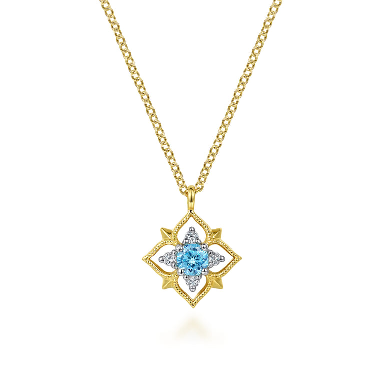 14K Yellow Gold Swiss Blue Topaz and Diamond Floral Pendant Necklace - 0.06 ct - Shot 1