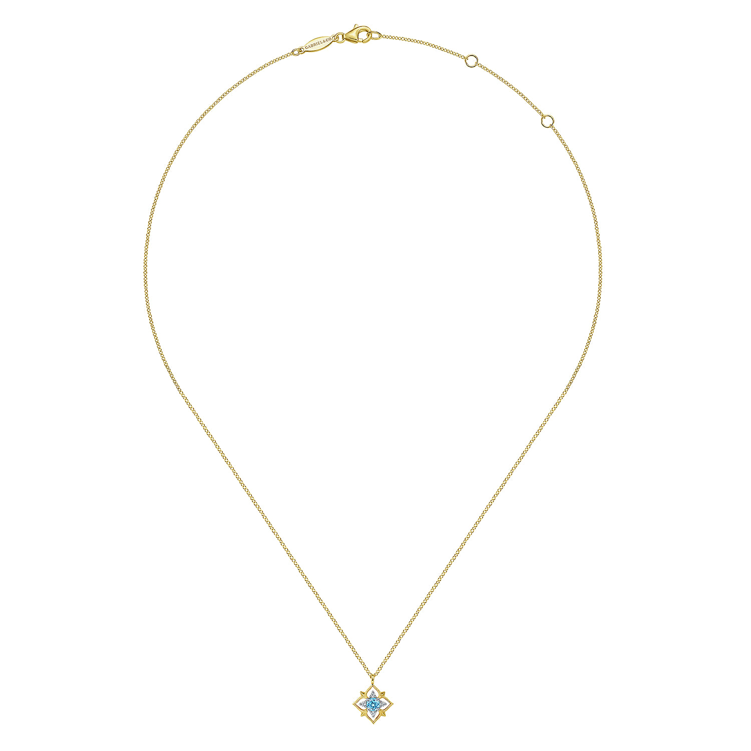 14K Yellow Gold Swiss Blue Topaz and Diamond Floral Pendant Necklace - 0.06 ct - Shot 2