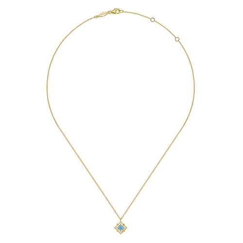 14K Yellow Gold Swiss Blue Topaz and Diamond Floral  Pendant Necklace - 0.06 ct - Shot 2