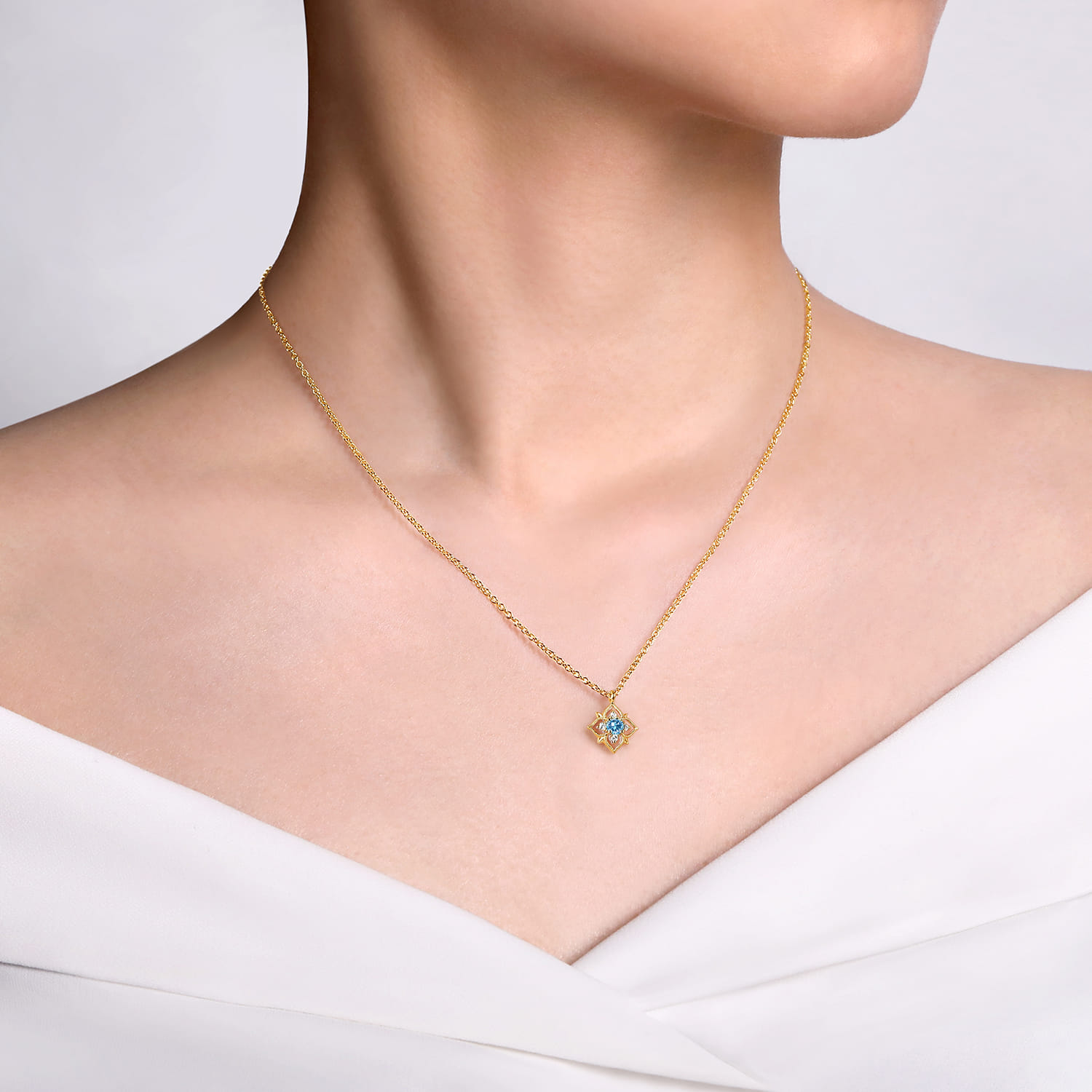14K Yellow Gold Swiss Blue Topaz and Diamond Floral Pendant Necklace - 0.06 ct - Shot 3