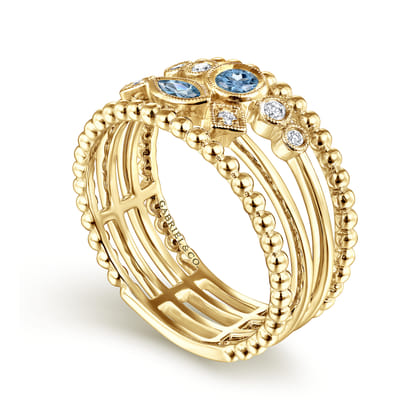 14K Yellow Gold Swiss Blue Topaz and Diamond Multi Row Ring
