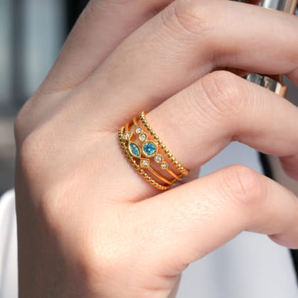 14K Yellow Gold Swiss Blue Topaz and Diamond Multi Row Ring