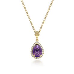 14K Yellow Gold Teardrop Amethyst with Diamond Halo Necklace