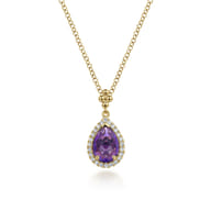 14K Yellow Gold Teardrop Amethyst with Diamond Halo Necklace