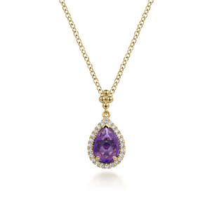 14K Yellow Gold Teardrop Amethyst with Diamond Halo Necklace