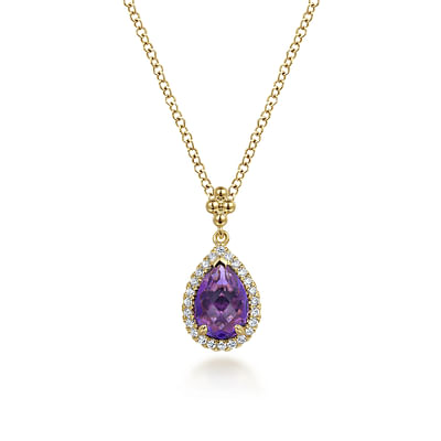 14K Yellow Gold Teardrop Amethyst with Diamond Halo Necklace