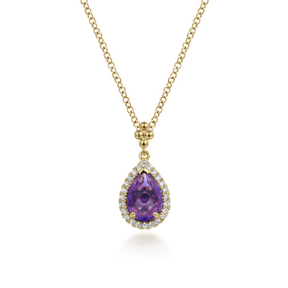 14K Yellow Gold Teardrop Amethyst with Diamond Halo Necklace