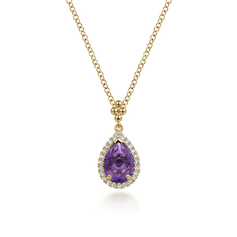 14K Yellow Gold Teardrop Amethyst with Diamond Halo Necklace - 0.18 ct - Shot 1
