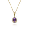 14K Yellow Gold Teardrop Amethyst with Diamond Halo Necklace - 0.18 ct