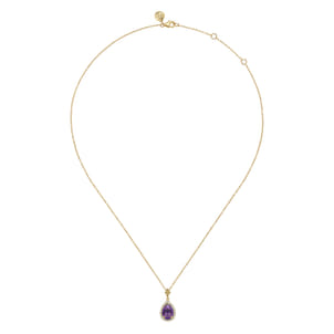 14K Yellow Gold Teardrop Amethyst with Diamond Halo Necklace