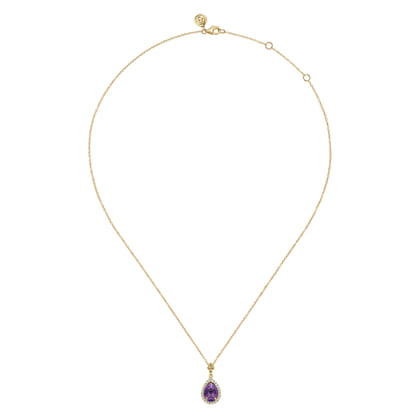 14K Yellow Gold Teardrop Amethyst with Diamond Halo Necklace