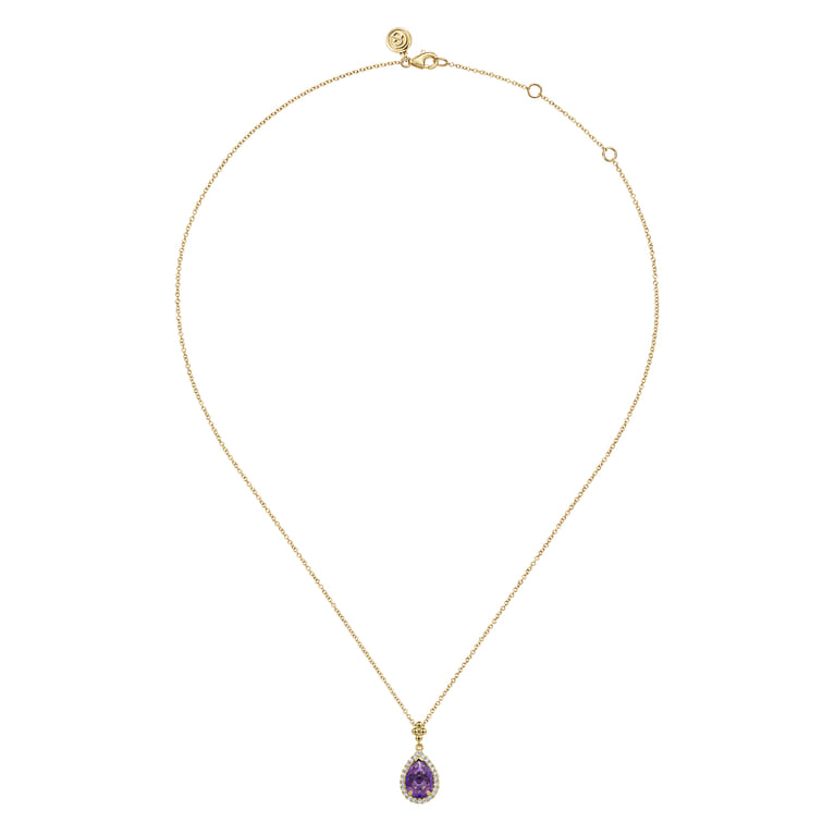 14K Yellow Gold Teardrop Amethyst with Diamond Halo Necklace - 0.18 ct - Shot 2