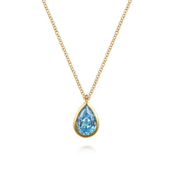 14K Yellow Gold Teardrop Blue Topaz Pendant Necklace