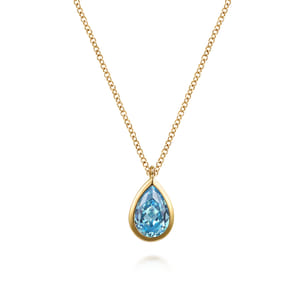 14K Yellow Gold Teardrop Blue Topaz Pendant Necklace