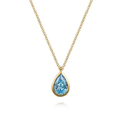 14K Yellow Gold Teardrop Blue Topaz Pendant Necklace