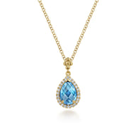 14K Yellow Gold Teardrop Blue Topaz with Diamond Halo Necklace