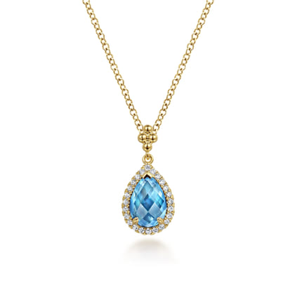 14K Yellow Gold Teardrop Blue Topaz with Diamond Halo Necklace