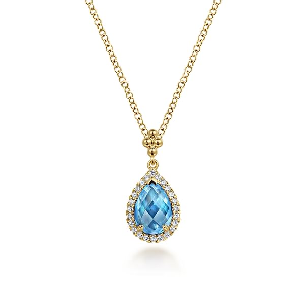 14k White Gold Aquamarine Pear Teardrop & Diamond Halo Necklace