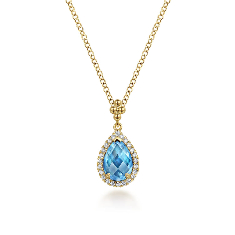 14K Yellow Gold Teardrop Blue Topaz with Diamond Halo Necklace - 0.18 ct - Shot 1