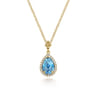 14K Yellow Gold Teardrop Blue Topaz with Diamond Halo Necklace - 0.18 ct