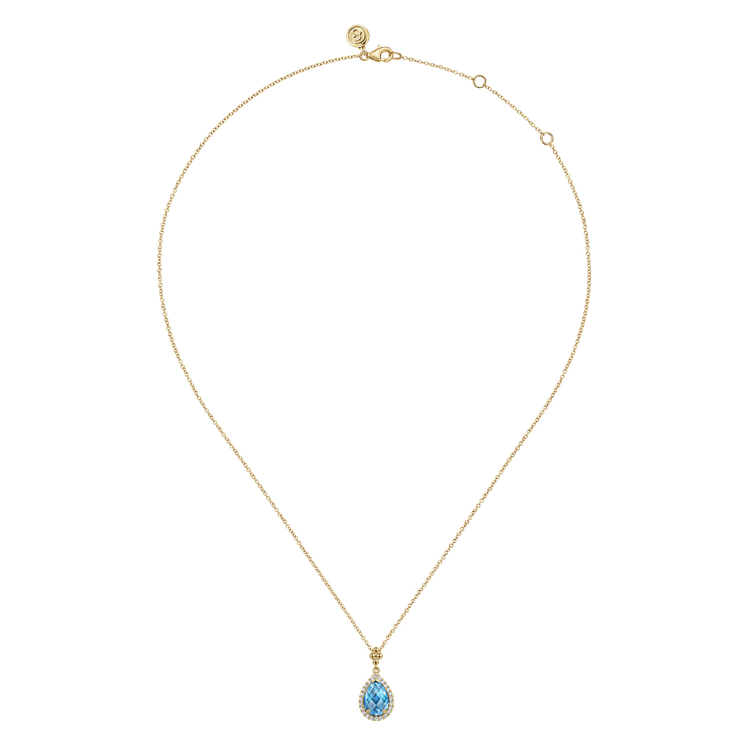14K Yellow Gold Teardrop Blue Topaz with Diamond Halo Necklace - 0.18 ct - Shot 2