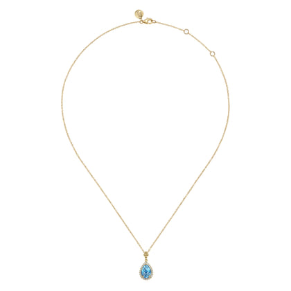 14K Yellow Gold Teardrop Blue Topaz with Diamond Halo Necklace