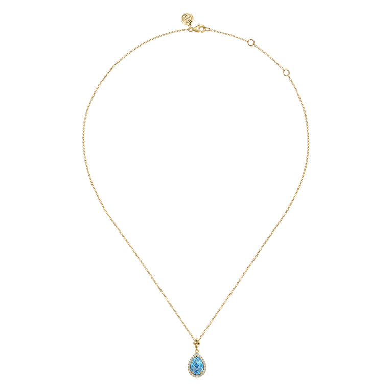 14K Yellow Gold Teardrop Blue Topaz with Diamond Halo Necklace - 0.18 ct - Shot 2