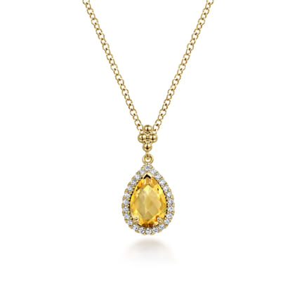 14K Yellow Gold Teardrop Citrine with Diamond Halo Necklace