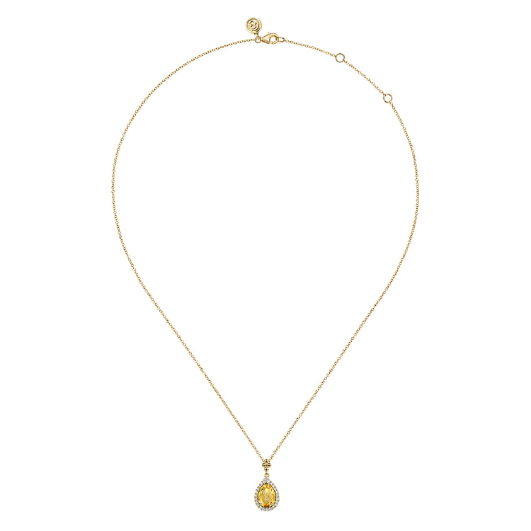 14K Yellow Gold Teardrop Citrine with Diamond Halo Necklace