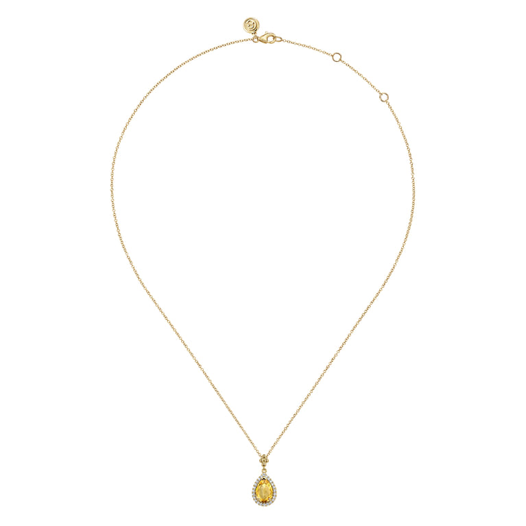 14K Yellow Gold Teardrop Citrine with Diamond Halo Necklace - 0.18 ct - Shot 2
