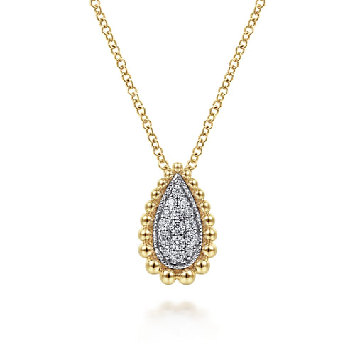 14K Yellow Gold Teardrop Diamond Pave Pendant Necklace with Beaded ...