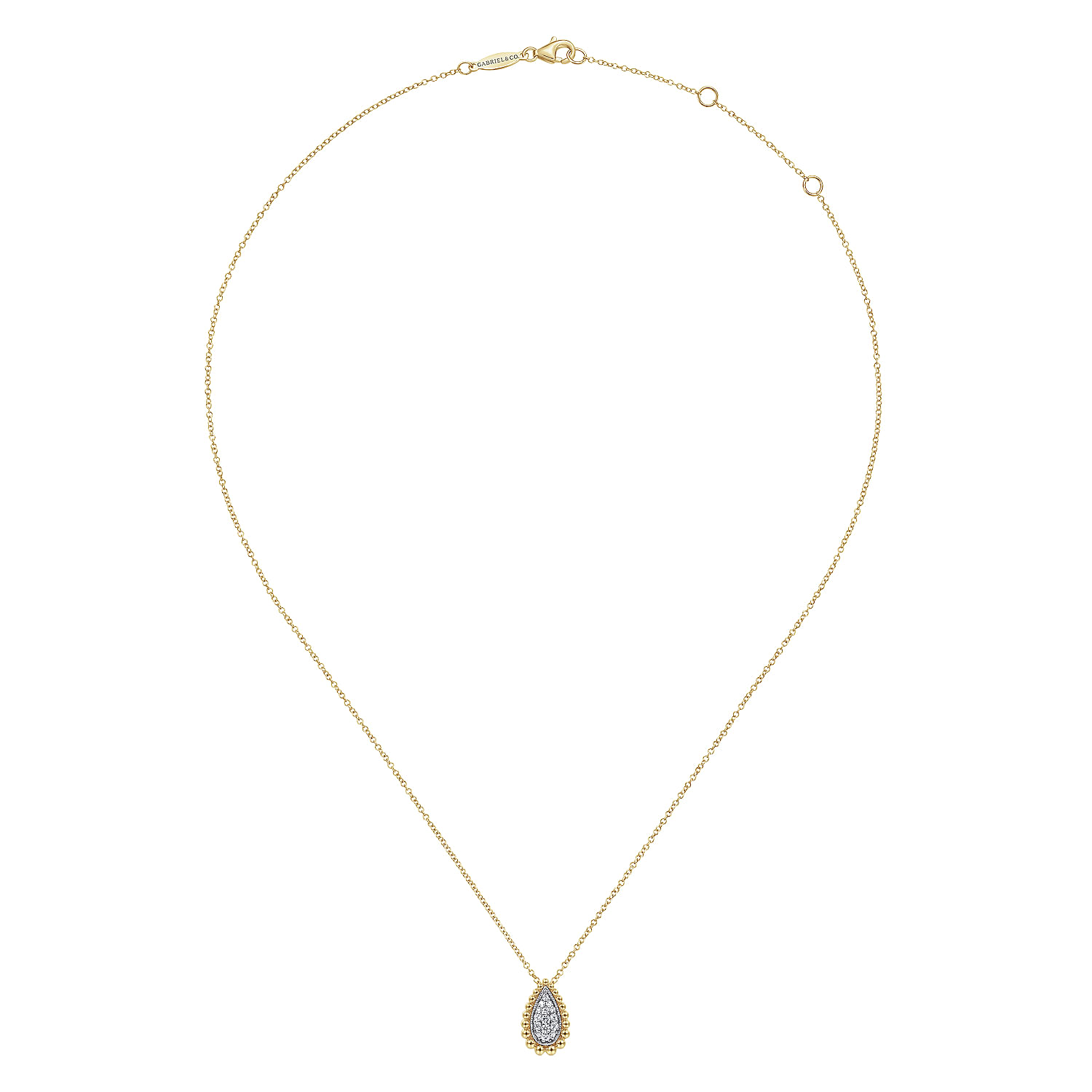 14K Yellow Gold Teardrop Diamond Pave Pendant Necklace with Beaded Frame - 0.16 ct - Shot 2