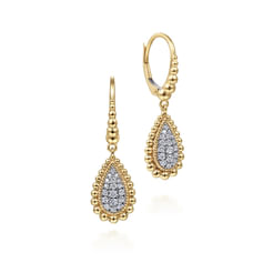14K Yellow Gold Teardrop Shape Beaded Frame Diamond Drop Earrings