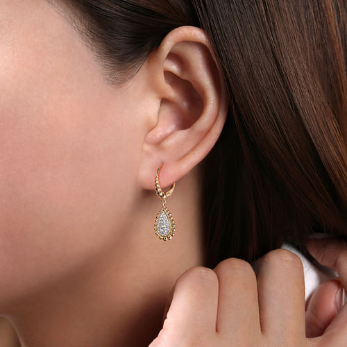 14K Yellow Gold Teardrop Shape Beaded Frame Diamond Drop Earrings - 0.3 ct - Shot 2