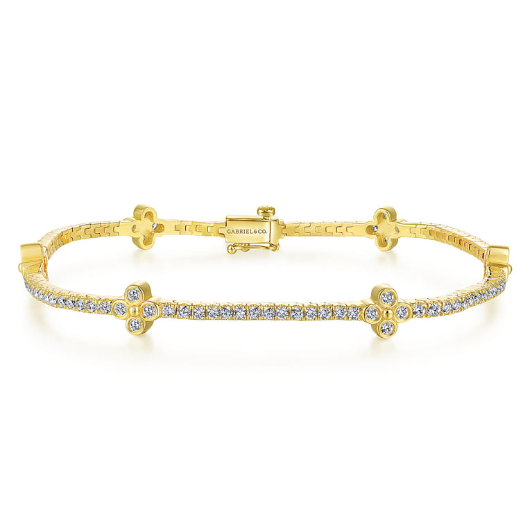 14K Yellow Gold Tennis Bracelet with Quatrefoil Diamond Stations - 1.5 ct - Shot 1
