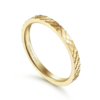 14K Yellow Gold Textured Checkered Stackable Ring